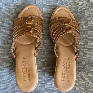 Tuscany tan and gold wedge sandals